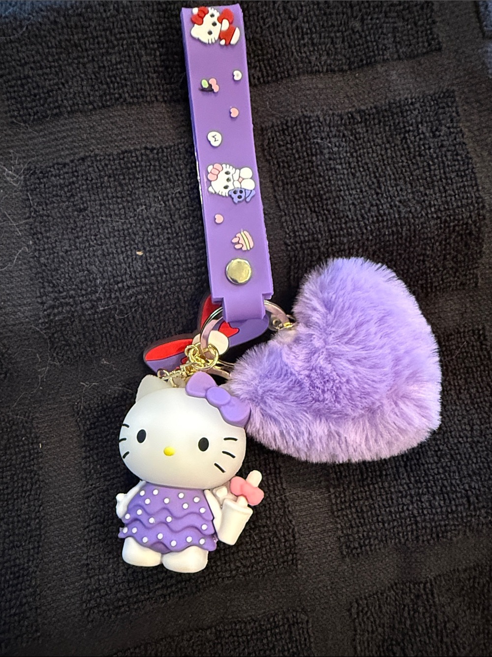 Hello Kitty Purple Plush Heart Keychain Wristlet with Polka-Dot Dress Charm